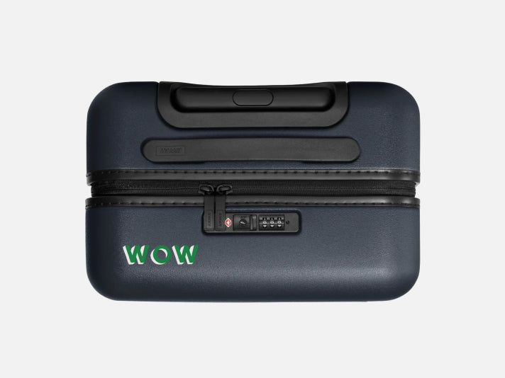 An Away suitcase with digital printing on the top left of the suitcase